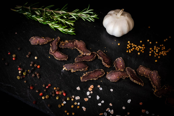 Shetland Biltong on a slate with ingredients