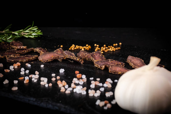 Shetland Biltong on a slate with ingredients