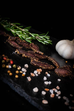 Shetland Biltong on a slate with ingredients