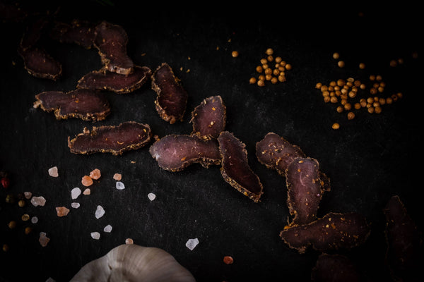 Shetland Biltong on a slate with ingredients